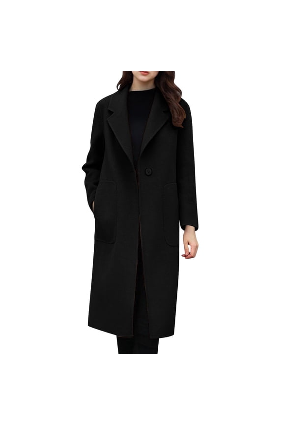 Women's Solid Color Long Wool Blend Coat, Mid-Length Trench Coat, Casual Long Sleeve Outerwear for Women Black L
