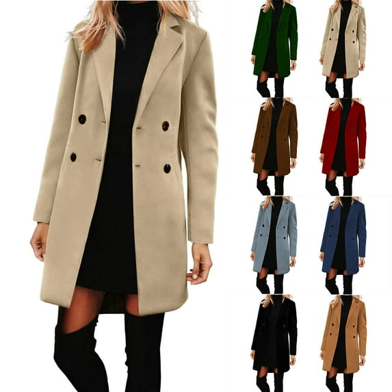 Uaswgudfs Women's Solid Color Long Wool Blend Coat, Mid-Length Trench Coat, Casual Long Sleeve Outerwear for Women Red L