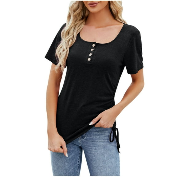 Uaswgudfs Women's Spring 2025 Trendy V Neck T-Shirts - Going-Out Ready Loose Fit Henley Tee with Soft Short Sleeve Casual Tops