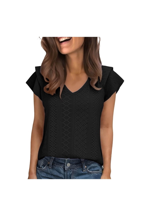 Women's Spring Summer Casual Hollow Out V Neck Flutter Sleeve Short Sleeve T Shirt Knit Top Blouse for Women Black L