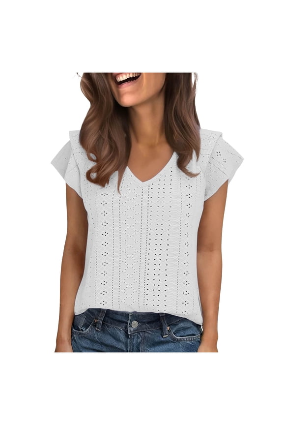 Women's Spring Summer Casual Hollow Out V Neck Flutter Sleeve Short Sleeve T Shirt Knit Top Blouse for Women White S