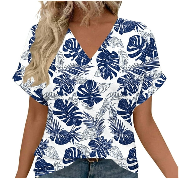 Uaswgudfs Women's Spring Summer Loose Fit Casual V Neck Raglan Short Sleeve T Shirt, Random Print Tee Blue L