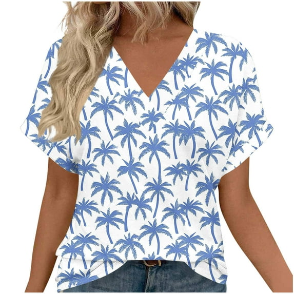 Uaswgudfs Women's Spring Summer Loose Fit Casual V Neck Raglan Short Sleeve T Shirt, Random Print Tee Blue S
