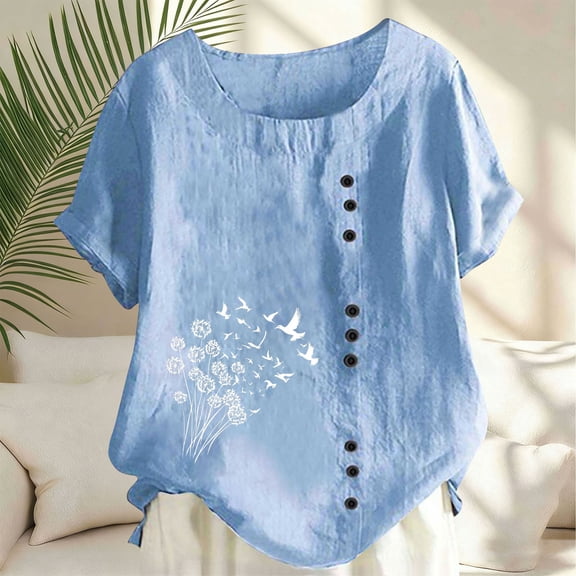 Uaswgudfs Women's Spring Summer T Shirts - Fashion Round Neck Printed Short Sleeve Blouses, Casual Button Accent Breathable Tops Blue S