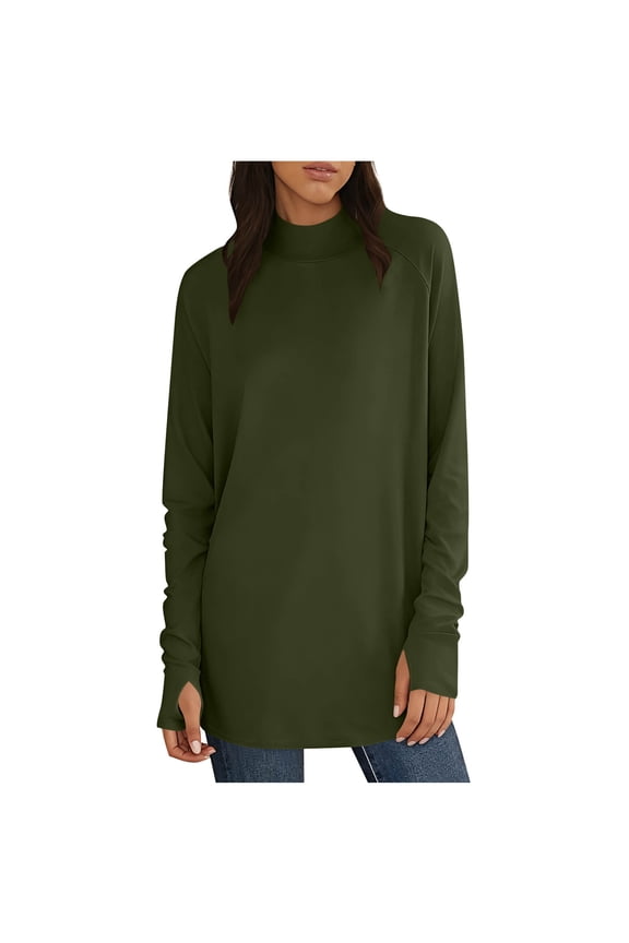 Women's Spring Turtleneck Long Sleeve T-Shirt – Thumb Hole Sleeve Solid Color Top Ladies Stylish Casual Daily Wear Comfortable Fashion Army Green 2XL