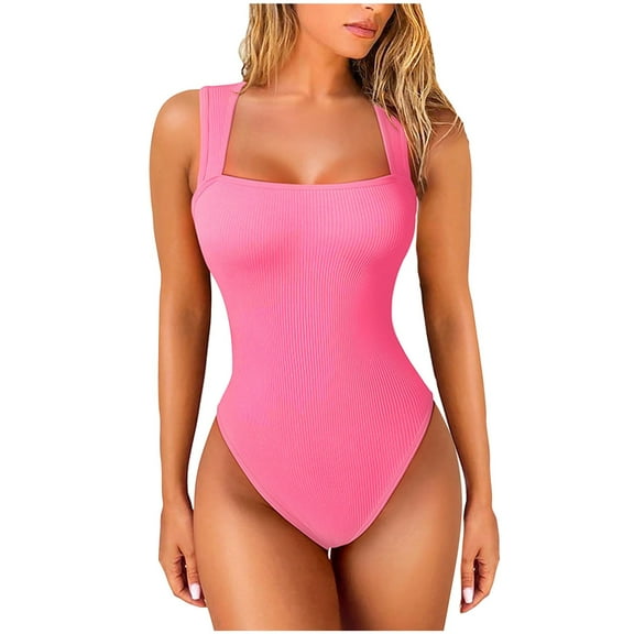 Uaswgudfs Women's Square-Neck One-Piece Swimsuit with Deep Side Slit & Supportive Wide Straps, Ribbed Stretch Fabric Hot Pink M