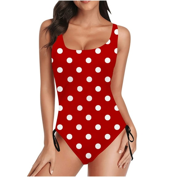 Uaswgudfs Women's Square-Neck One-Piece Swimwear with Allover Polka Dot Pattern and Adjustable Side-Tie Silhouette