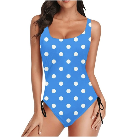 Uaswgudfs Women's Square-Neck One-Piece Swimwear with Allover Polka Dot Pattern and Adjustable Side-Tie Silhouette