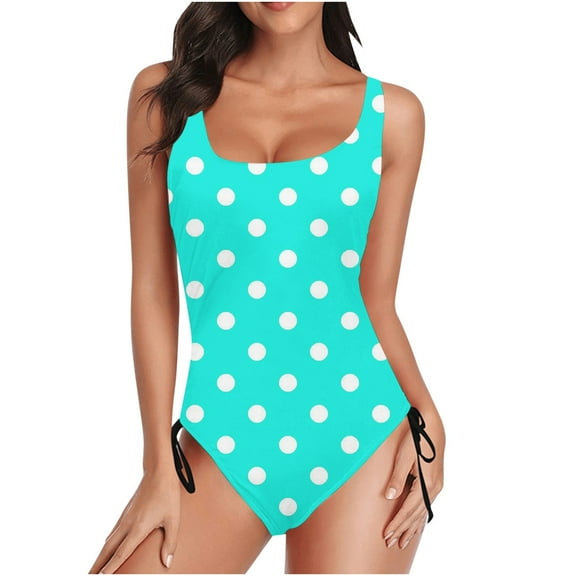 Uaswgudfs Women's Square-Neck One-Piece Swimwear with Allover Polka Dot Pattern and Adjustable Side-Tie Silhouette