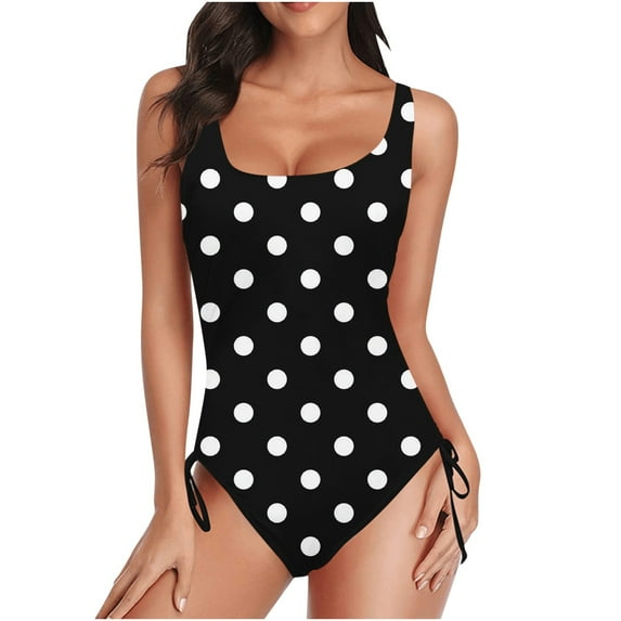 Uaswgudfs Women's Square-Neck One-Piece Swimwear with Allover Polka Dot Pattern and Adjustable Side-Tie Silhouette