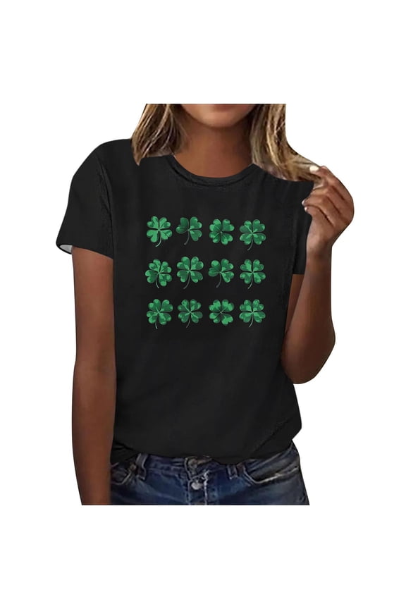 Women's St. Patrick's Day Graphic Print Crew Neck Short Sleeve Top - Casual Irish Holiday T-Shirt, Trendy Shamrock Plaid Print Tee Green 4XL