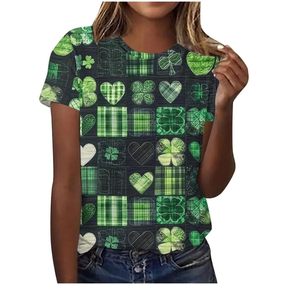 Uaswgudfs Women's St. Patrick's Day Graphic Print Crew Neck Short Sleeve Top - Casual Irish Holiday T-Shirt, Trendy Shamrock Plaid Print Tee Green 5XL