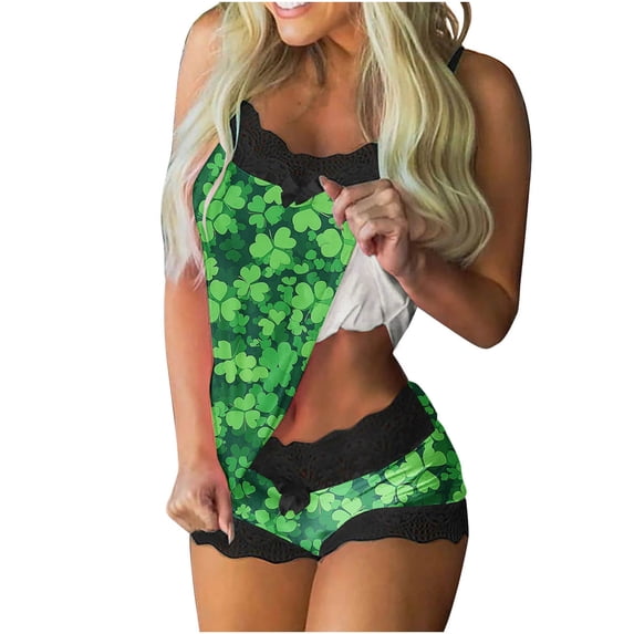 Uaswgudfs Women's St. Patrick's Day Lace Trim Spaghetti Strap Cami Shorts Set Bow Star Print Two-Piece Sleeveless Loungewear Sleepwear Green M