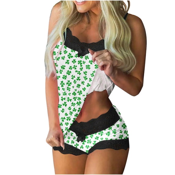 Uaswgudfs Women's St. Patrick's Day Lace Trim Spaghetti Strap Cami Shorts Set Bow Star Print Two-Piece Sleeveless Loungewear Sleepwear White L