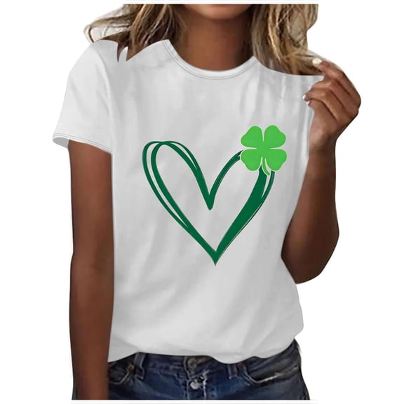 Uaswgudfs Women's St. Patrick's Day Shamrock Graphic Crew Neck Short Sleeve Top - Festive Irish Holiday T-Shirt, Lucky Clover Print Tee White M
