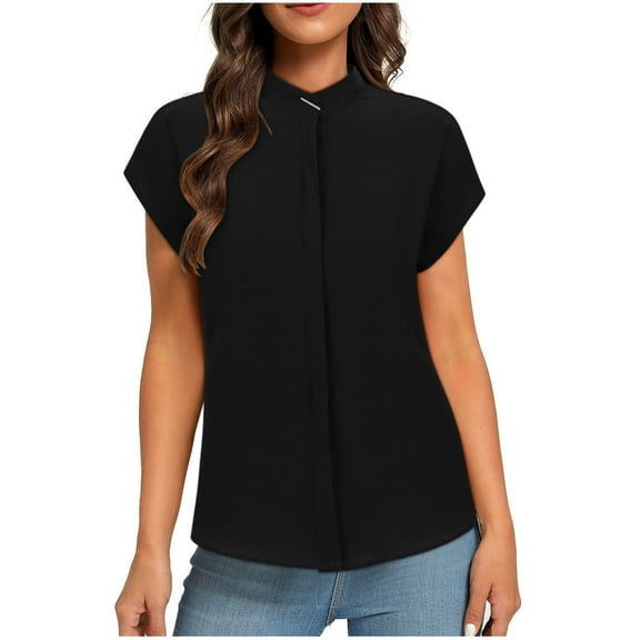 Uaswgudfs Women's Standing neck Scrub Blouse - Relaxed Fit Outdoor Short Sleeve Top with Rounded Hem & Breathable Design