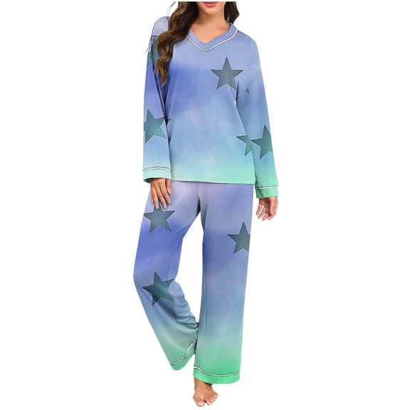 Uaswgudfs Women's Star Print Pajama Set V-Neck Long Sleeve Loose Loungewear Top & Pants 2-Piece Casual Sleepwear Outfit for Women Daily Wear & Sleeping Blue S