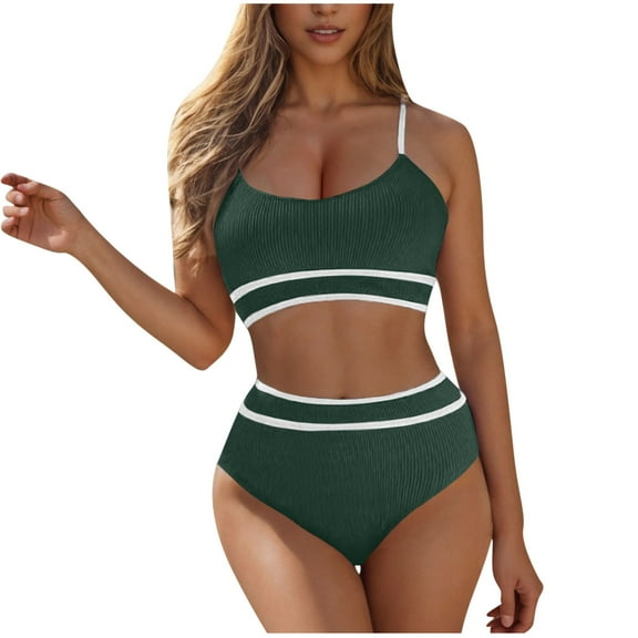 Uaswgudfs Women's Strappy Two-Piece Swimsuit with Crop Top & High-Waisted Textured Shorts for a Trendy Beach Look Green S