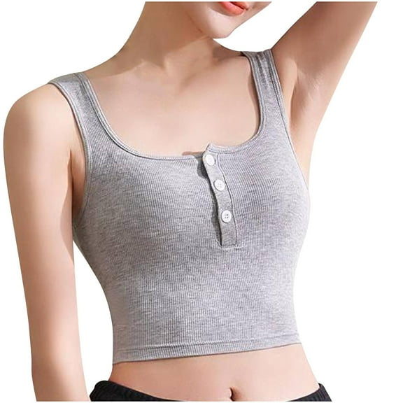 Uaswgudfs Women's Stretch Cotton Camisole Short Tank Tops Crew Neck Built-in Padding Blouses Leisure Home Sleeveless Henry Cami Shirt