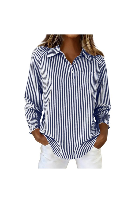 Women's Striped Button - Down 3/4 Sleeve Office Blouse Casual Work Shirt Loose Fit Flattering Top Blue 2XL