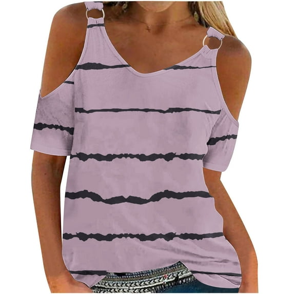 Uaswgudfs Women's Striped Cold Shoulder Blouse Tee - Casual Basic Loose Fit Short Sleeve Tunic Top
