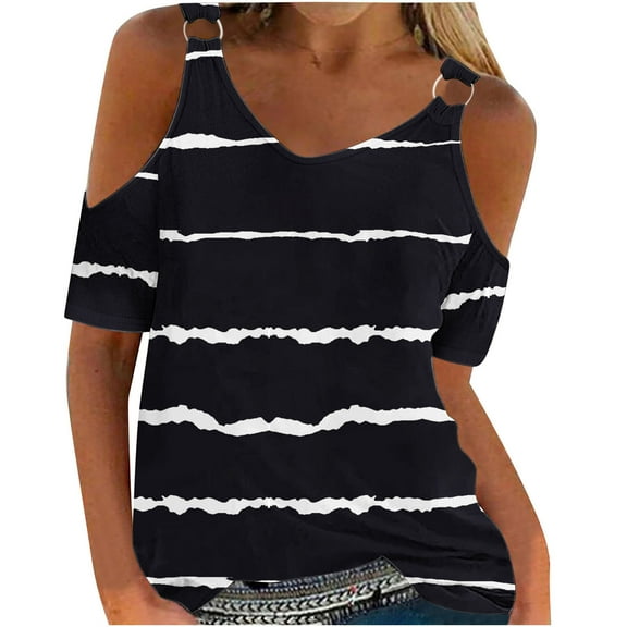 Uaswgudfs Women's Striped Cold Shoulder Blouse Tee - Casual Basic Loose Fit Short Sleeve Tunic Top