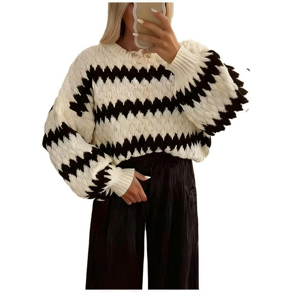 Uaswgudfs Women's Striped Crew Neck Knit Pullover, Long Sleeve Acrylic Sweater, Casual Loose Top for Fall, Winter & Daily Outfits
