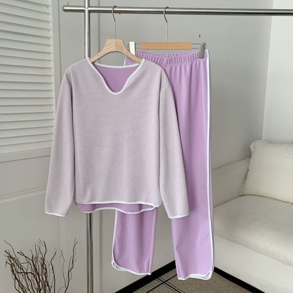 Uaswgudfs Women's Striped Fleece - Lined Cozy Pajama Set Long Sleeve Loose Lounge Pants 2 Piece Home Sleepwear