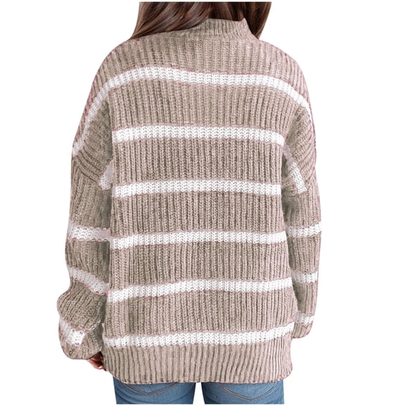 Uaswgudfs Women's Striped Mock Neck Sweater, Long Sleeve Color Block Acrylic Knit Pullover, Trendy Casual Oversized Knitwear for Women - Walmart Fashion Must-Have Cozy & Stylish Essential Khaki L