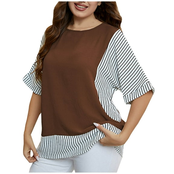 Uaswgudfs Women's Striped & Patchwork Tee & Blouse | Half Sleeve Crew Neck Casual Tops (Solid Color Contrast)
