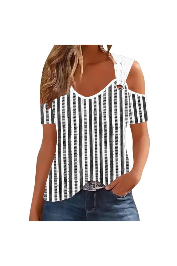 Women's Striped Print O Ring Cold Shoulder V Neck Short Sleeve Tops Casual Loose Fit Blouses for 2026 Summer Black S