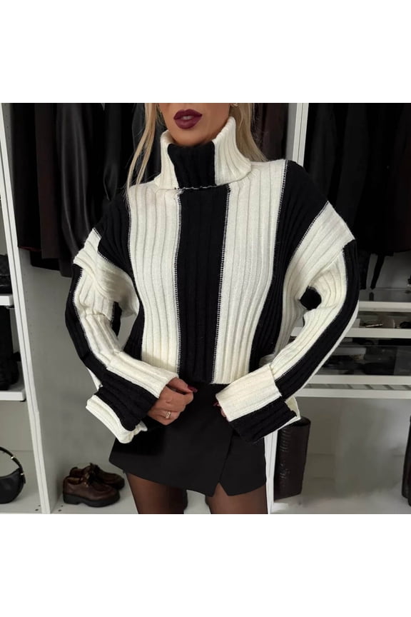 Women's Striped Turtleneck Sweater: Bold Vertical Ribbed Knit, Oversized Cozy Fit