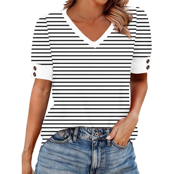 Uaswgudfs Women's Striped V Neck Button Short Sleeve T Shirt Summer Casual Blouse Top Breathable Loose Fit for Daily Wear & Weekend Chic White XL