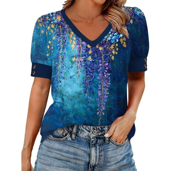 Uaswgudfs Women's Striped V Neck Short Sleeve T Shirt Button Cuffs Casual Summer Top Loose Fit Blue M