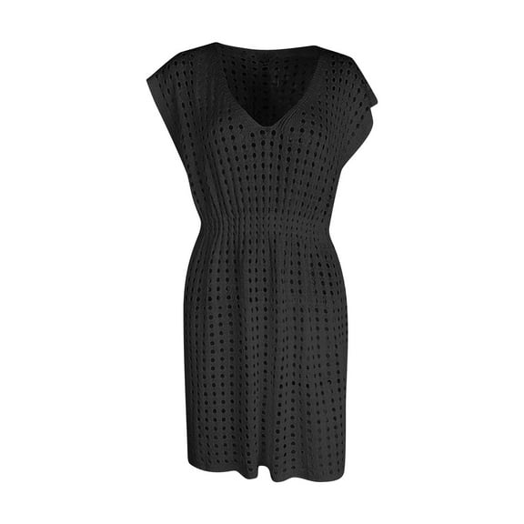 Uaswgudfs Women's Stylish Short Sleeve V-Neck Midi Dress​ - Summer Casual Fitted Cut-Out Design for Semi-Formal & Everyday Wear Black L