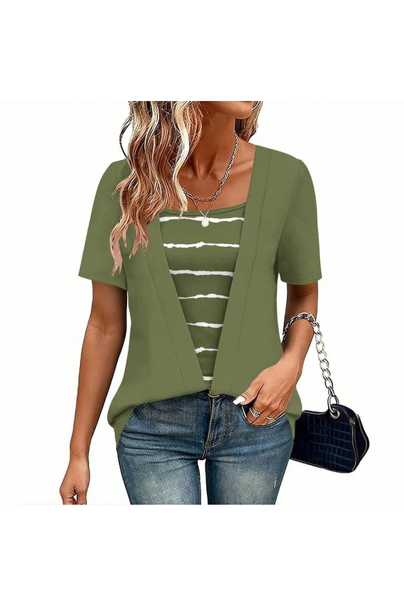 Women's Summer 2 in 1 Casual Short Sleeve Blouse with Stylish Print Loose Fit Beach Vacation Top Green 2XL