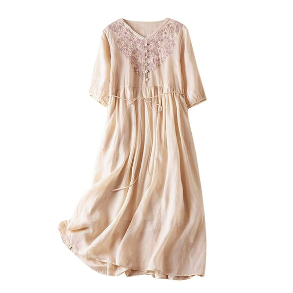 Uaswgudfs Women's Summer Casual Dress: Short Sleeve Midi with V-Neck Lace Trim & Adjustable Waist Tie - Flowy Lightweight Fabric for Effortless Style Beige 2XL