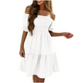 thumbnail image 1 of Uaswgudfs Women's Summer Casual Off-Shoulder Short Sleeve Midi Dress - Ruffle Tiered Skirt & Pleated Bodice Versatile Chic White M, 1 of 6