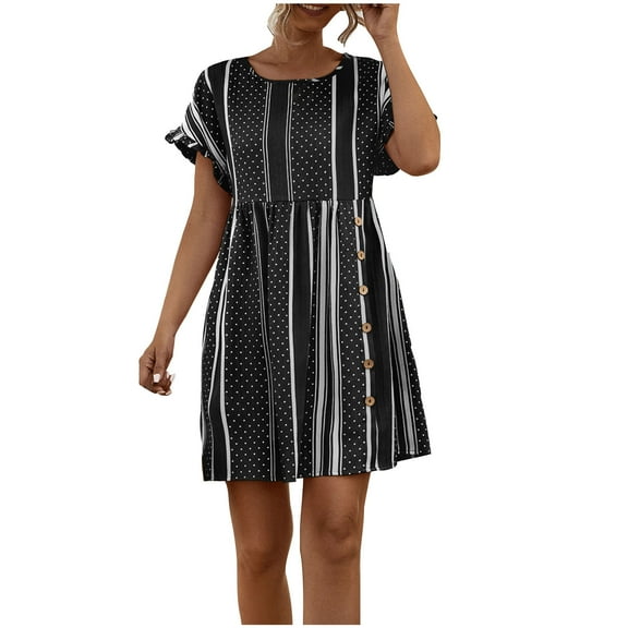 Uaswgudfs Women's Summer Casual Short Sleeve Midi Dress - A-Line with Ruffle Sleeves & Side Buttons Black L