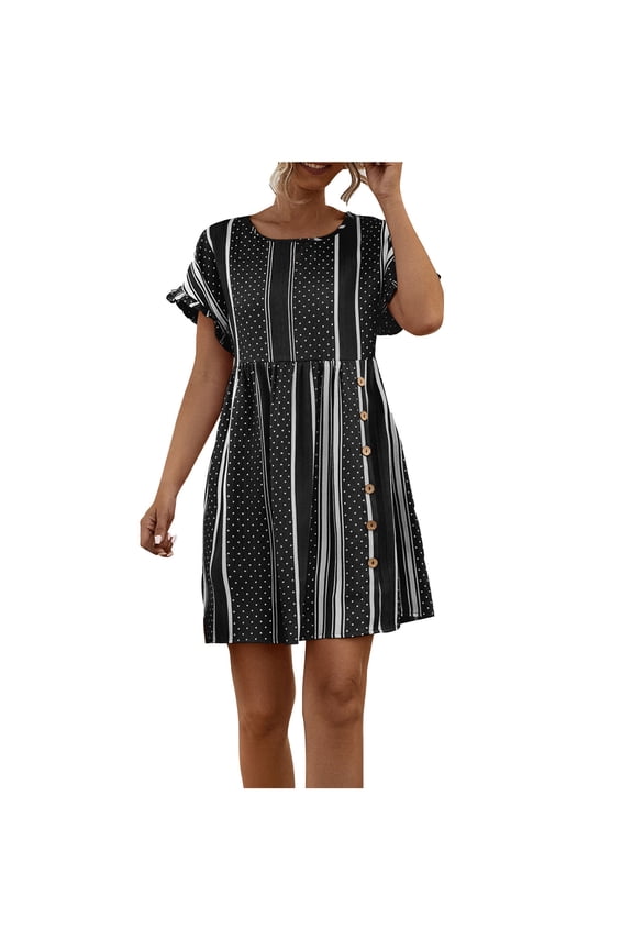 Women's Summer Casual Short Sleeve Midi Dress - A-Line with Ruffle Sleeves & Side Buttons Black M