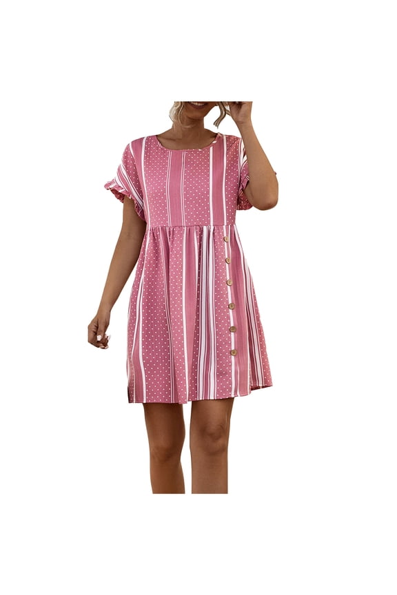 Women's Summer Casual Short Sleeve Midi Dress - A-Line with Ruffle Sleeves & Side Buttons Pink M