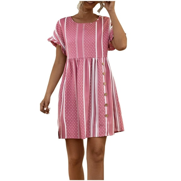 Uaswgudfs Women's Summer Casual Short Sleeve Midi Dress - A-Line with Ruffle Sleeves & Side Buttons Pink XL