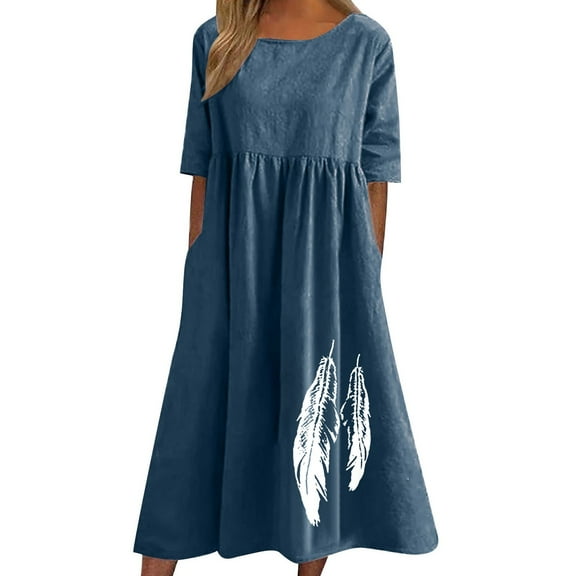 Uaswgudfs Women's Summer Casual Short Sleeve Midi Dress - Fitted Waist & Feather Trim Flared Skirt for Movement Navy S