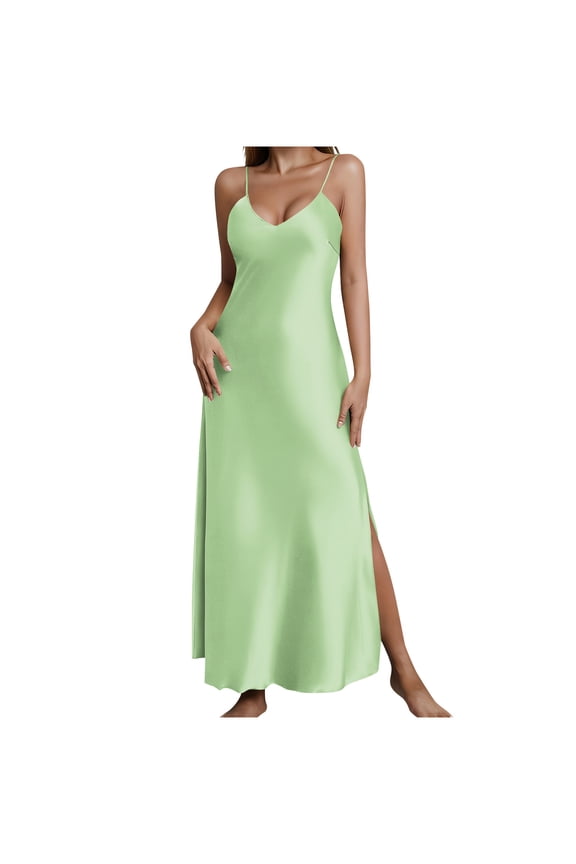 Dresses for Women's Summer Casual V-Neck Spaghetti Strap Side Slit Long Slip Nightgown Soft Breathable Sleepwear Green 2XL