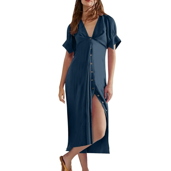 Uaswgudfs Women's Summer Dress: V-Neck Short Sleeve Midi with Button Front & High Slit - Lightweight Cotton for Casual Chic & Effortless Style Navy M