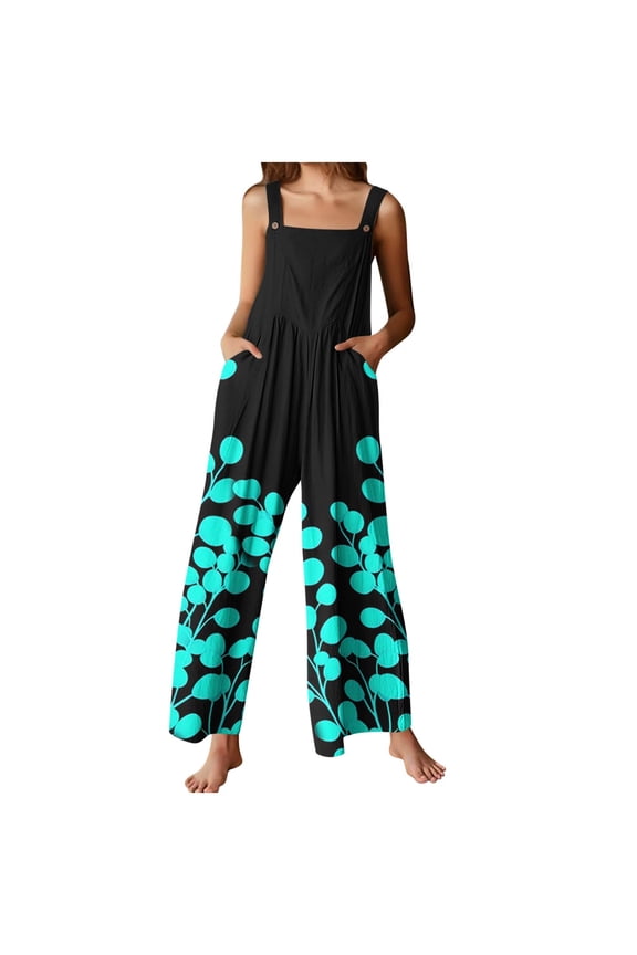 Women's Summer Jumpsuits Boho Wide Leg Overalls Casual Loose Rompers with Pockets 2025 Black 2XL