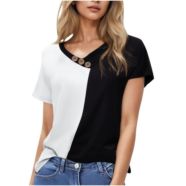 Uaswgudfs Women's Summer Loose-Fit V-Neck Blouse Tee Color-Block Casual Pullover Resort Everyday Top