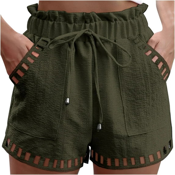 Uaswgudfs Women's Summer Paperbag Shorts - High Waist Drawstring & Side Pockets 3-4" Inseam Breathable Casual Army Green L