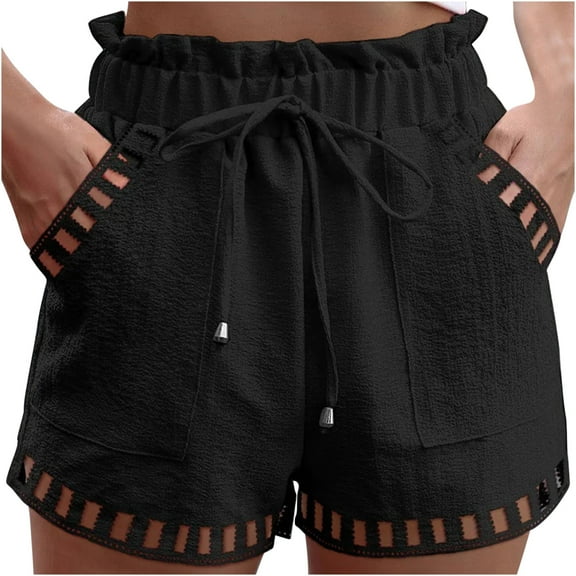 Uaswgudfs Women's Summer Paperbag Shorts - High Waist Drawstring & Side Pockets 3-4" Inseam Breathable Casual Black L