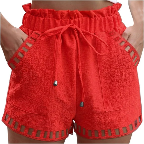 Uaswgudfs Women's Summer Paperbag Shorts - High Waist Drawstring & Side Pockets 3-4" Inseam Breathable Casual Red XL